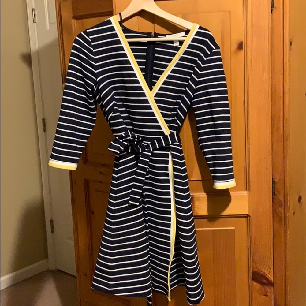 Navy and white stripe wrap dress with yellow trim